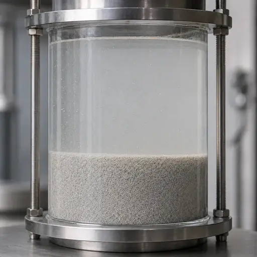 Particles settled beneath a clearer liquid phase in a transparent vessel.