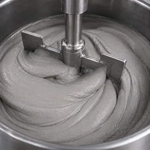 Concentrated slurry folding around a stainless steel paddle mixer.