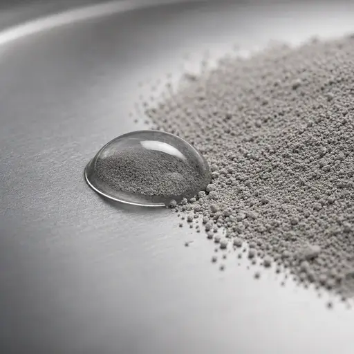 A liquid droplet beside fine powder on a metal surface.