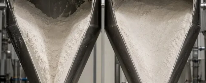 Two stainless steel powder hoppers showing contrasting mass flow and funnel flow behavior.