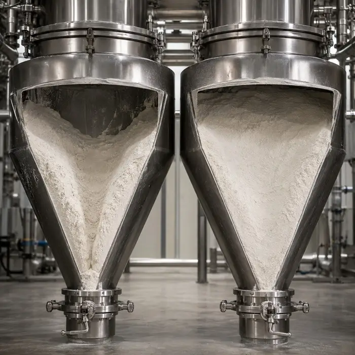 wall-friction-hopper-geometry-mass-funnel-flow Two stainless steel powder hoppers showing contrasting mass flow and funnel flow behavior.