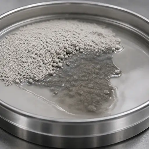 A boundary between dry powder and material in contact with liquid.