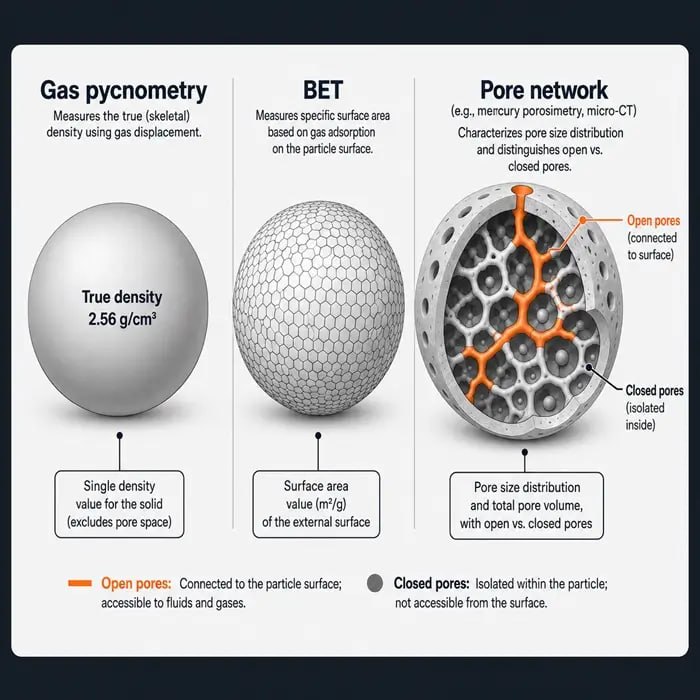 X-ray micro-CT pore network diagram showing open and closed porosity in a powder particle compared to gas pycnometry and BET surface area