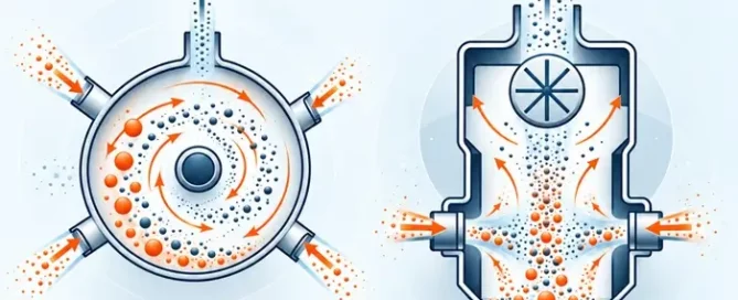 Illustration comparing spiral jet milling with fluidized-bed opposed jet milling and particle classification.