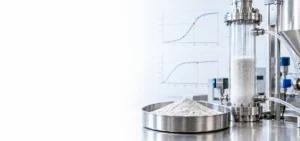 Powder engineering laboratory with a powder sample, packed-bed test column, process hopper and analytical graphs