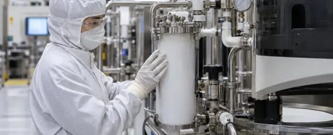 Technician checking CMP slurry point-of-use filtration for oversize agglomerates that cause wafer scratch defects