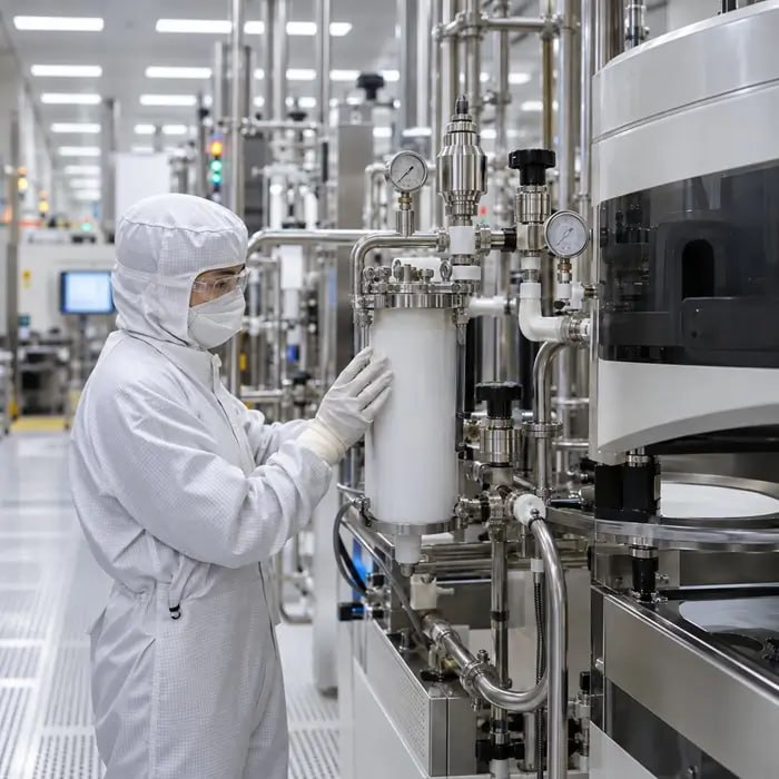 Technician checking CMP slurry point-of-use filtration for oversize agglomerates that cause wafer scratch defects
