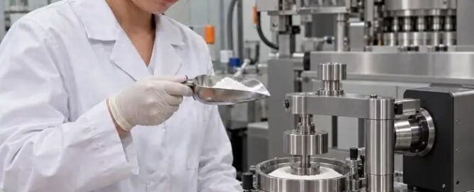 Co-processed excipient powder sample tested for flow and compaction near a continuous direct compression feed frame
