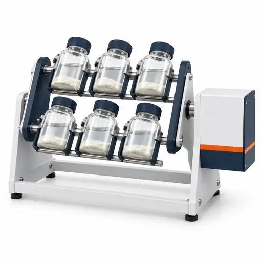 End-over-end batch extraction rotator holding sealed bottles containing solid material and extraction liquid