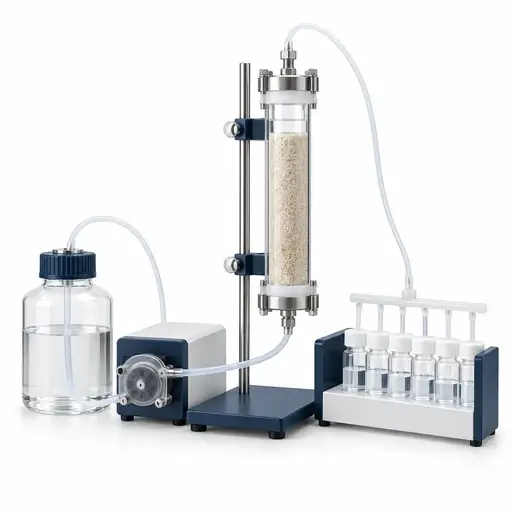 Up-flow percolation apparatus with packed solid column, eluent reservoir, pump, and eluate collection bottles