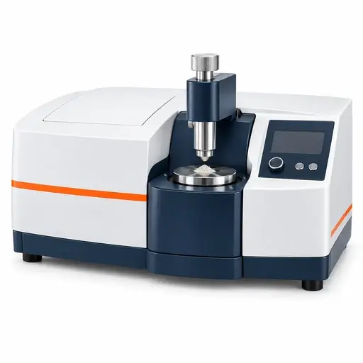 FTIR spectrometer with ATR sampling platform and pressure arm above a powder sample