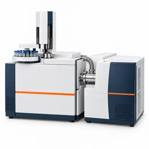 GC-MS system with gas chromatograph, automatic liquid injector, sample-vial tray, and adjacent mass spectrometer
