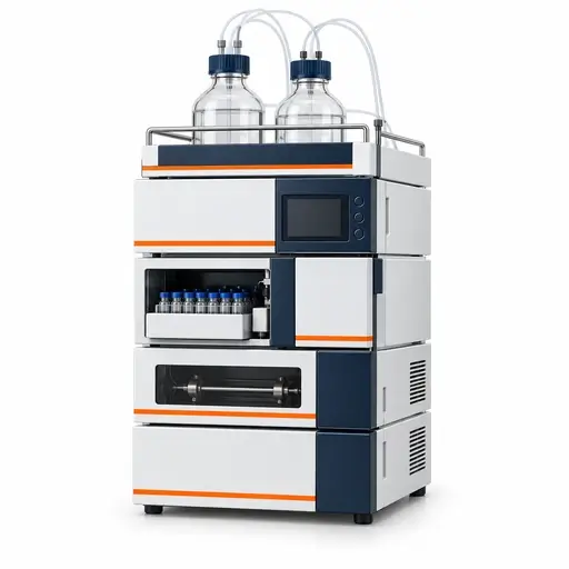HPLC module stack with capped mobile-phase bottles and sample-vial loading area