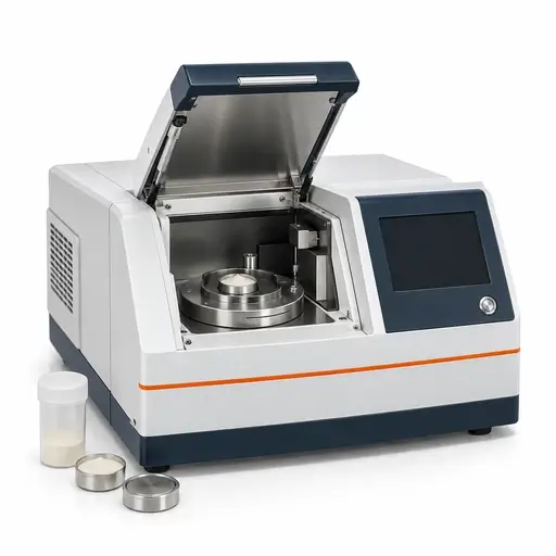 Benchtop X-ray fluorescence spectrometer with open sample-loading compartment and powder sample holder
