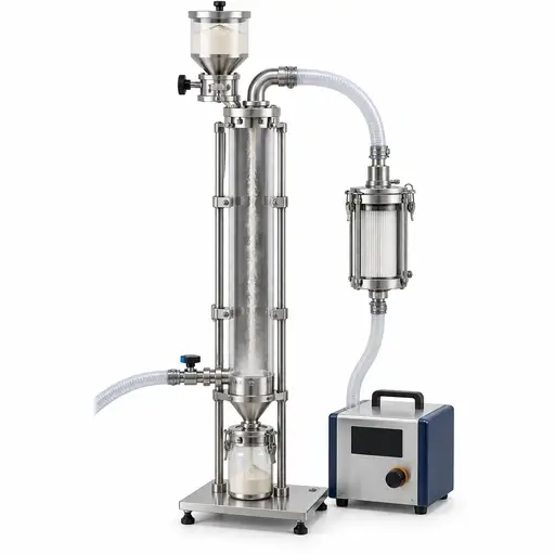 Continuous-drop dustiness tester with powder feeder, enclosed vertical column, receiving vessel, and sampling assembly