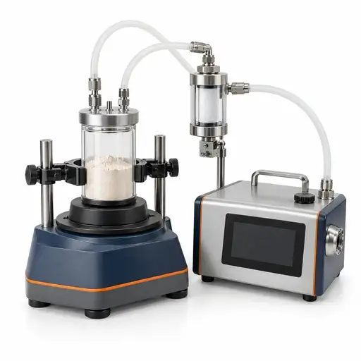 Vortex-shaker dustiness tester with sealed powder vessel, controlled airflow connections, and aerosol instrumentation