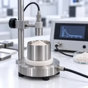 Powder sample in an electrically isolated metal cup beneath an electrostatic measurement probe