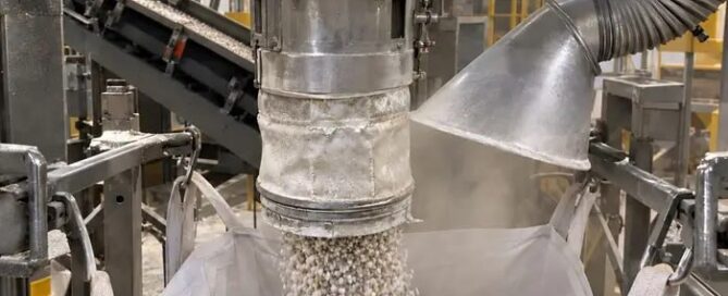 Fertilizer powder and granule handling at a bagging line showing dust extraction at the fill spout