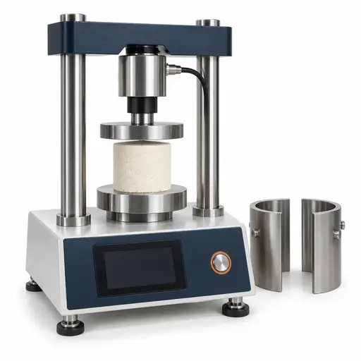 Bulk cake compression tester with a freestanding powder cylinder and removed split forming sleeve