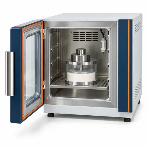 Environmental chamber containing a powder-conditioning cell under a controlled dead load
