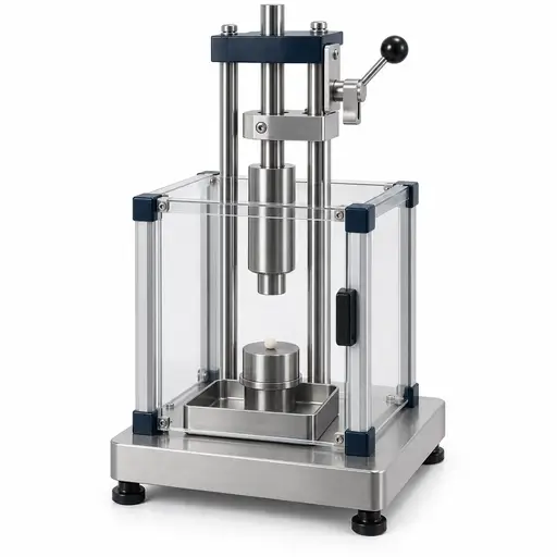Guided drop-weight impact tester with a specimen anvil and transparent protective enclosure
