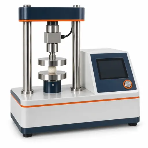 Single-particle compression tester with aligned platens and one granule on the lower support