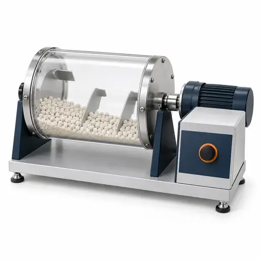 Laboratory tumbling attrition drum with internal baffles and a granular sample