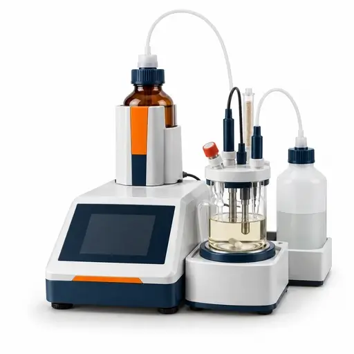 Volumetric Karl Fischer titrator with a sealed glass cell, electrode, and reagent-dosing assembly