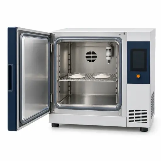Environmental chamber with shallow powder dishes for controlled temperature and humidity exposure
