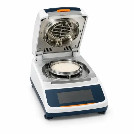 Halogen loss-on-drying analyzer with an open heating lid and a shallow powder sample pan