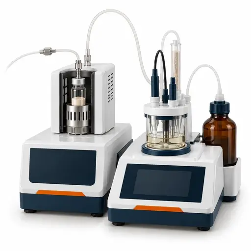 Oven-transfer Karl Fischer system with a sealed sample vial and transfer line to a titration cell