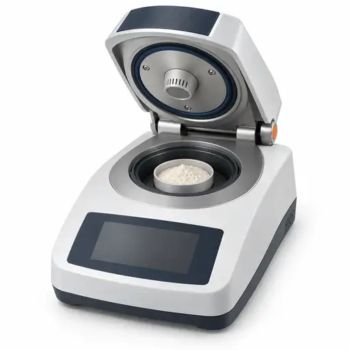 Water-activity meter with an open measurement head and powder sample cup in the sealed-chamber recess
