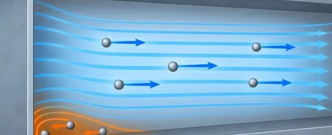 Diagram showing particle back-flow in pneumatic conveying at a low-drag duct corner