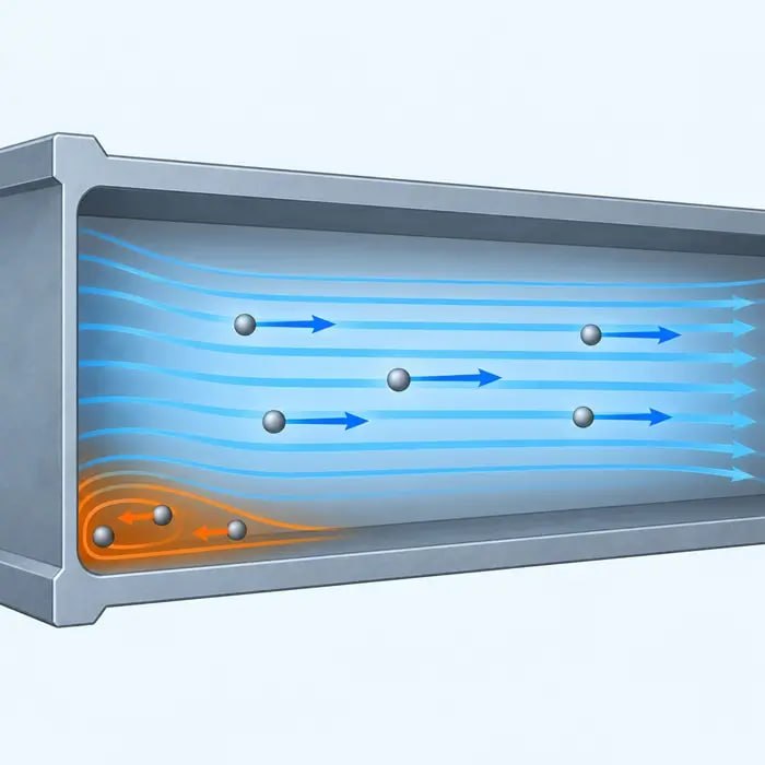 Diagram showing particle back-flow in pneumatic conveying at a low-drag duct corner