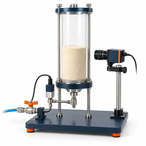 Powder deaeration column with a gas shutoff valve, pressure sensor, and bed-height observation camera