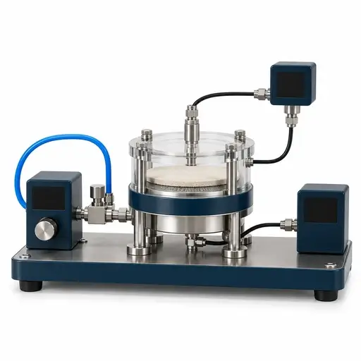 Dry powder-cake permeability fixture with a clamped shallow cell and gas-pressure connections