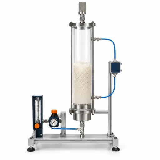 Laboratory fluidization column with a gas distributor, powder bed, and differential-pressure measurement