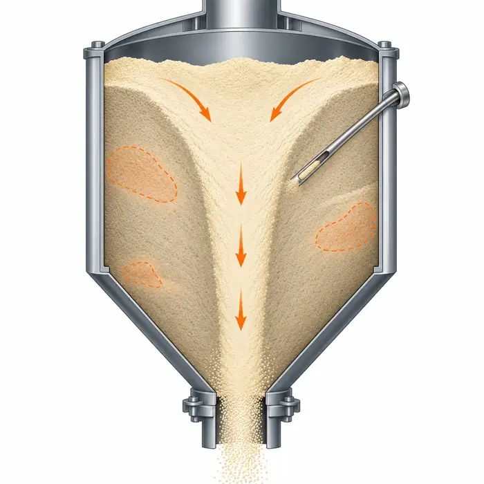 powder-sampling-localized-contamination-funnel-flow Technical illustration of a funnel-flow silo showing localized contamination zones missed by a powder sampling probe.
