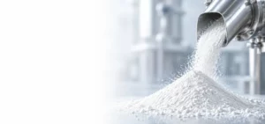 Fine white powder discharging from a stainless steel chute in a clean technical processing environment