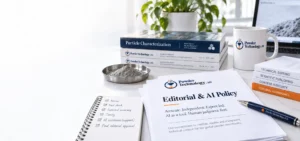 PowderTechnology.info Editorial & AI Policy document with technical publications, review checklist, and powder sample