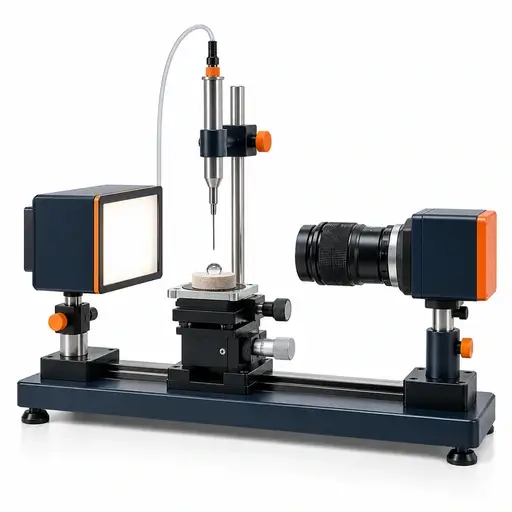 Contact-angle instrument with a liquid droplet on a powder compact between a side-view camera and backlight