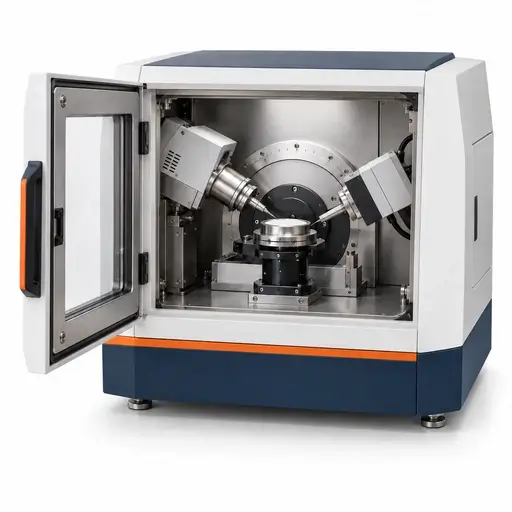 Powder X-ray diffractometer with a flat sample holder between angled source and detector assemblies