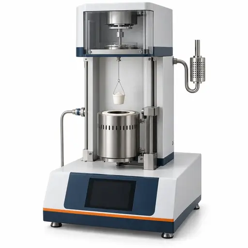 Thermogravimetric analyzer with a suspended sample crucible and lowered furnace