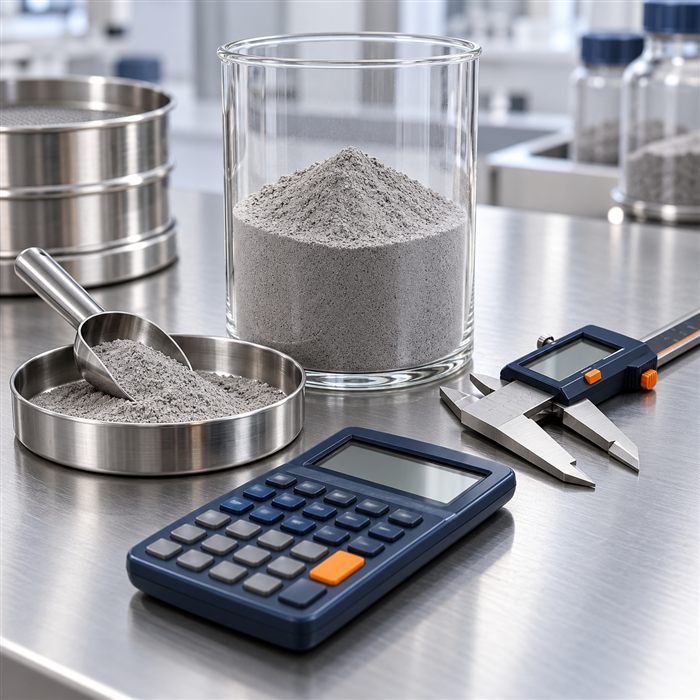 Conceptual powder engineering workbench with a measuring vessel, sample tray, caliper, and calculator.