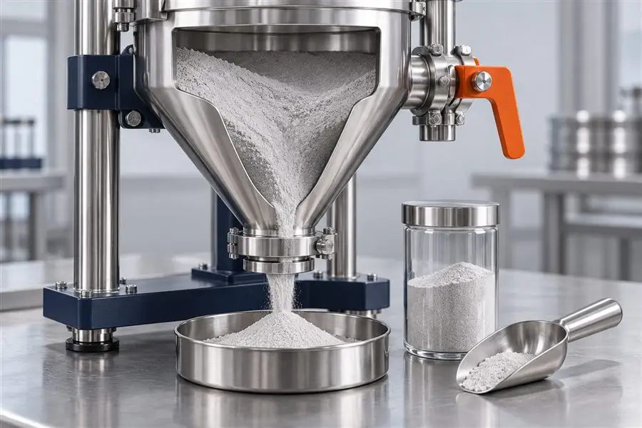 Illustration of powder discharging from a stainless steel hopper beside a sample jar and scoop.