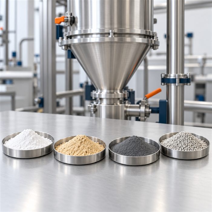 Conceptual illustration of powder samples representing different industrial materials, with stainless steel processing equipment in the background.