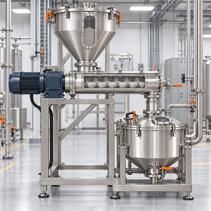 Conceptual illustration of a stainless steel powder-processing skid with a feed hopper, screw feeder, and mixing vessel.