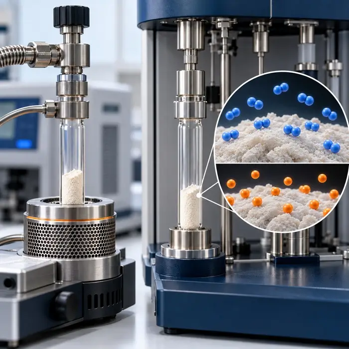 bet-degassing-nitrogen-krypton-gas-adsorption BET surface area analysis showing a powder degassing station and nitrogen versus krypton adsorption on a magnesium stearate surface.