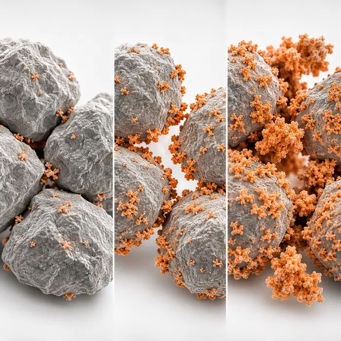 Microscopic comparison of low silica coverage, effective silica distribution, and excess silica agglomeration on powder particles