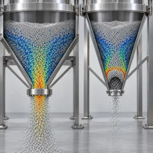 DEM comparison of powder flow in two hopper geometries, showing smooth discharge and arching